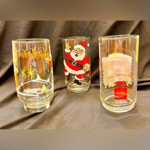 3 Coca Cola McCrory American Greeting Santa Reindeer Holly Glasses Christmas VTG
